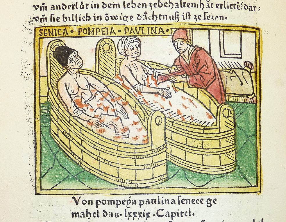 Woodcut illustration of the suicide of Seneca and the attempted suicide of his wife Pompeia Paulina Penn Provenance Project