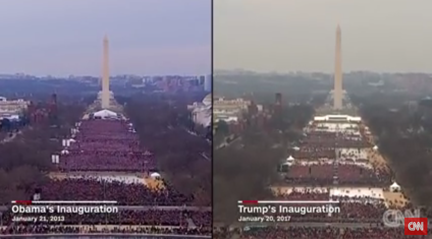 Een vergelijking van het aantal bezoekers van de inauguraties van Trump (rechts) en Obama. Still uit een filmpje van CNN.