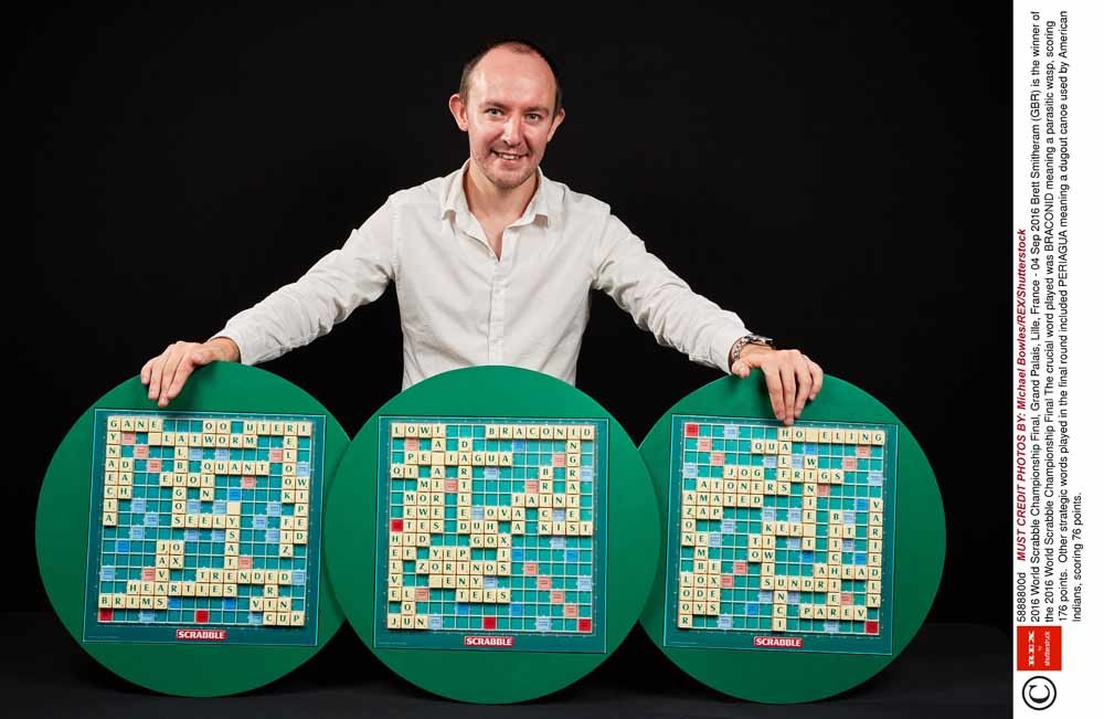 De Brit Brett Smitheram is de winnaar van het World Scrabble Championship 2016 in Lille. Het cruciale woord was BRACONID, een soort wesp, dat 176 punten opleverde. – © Michael Bowles / HH