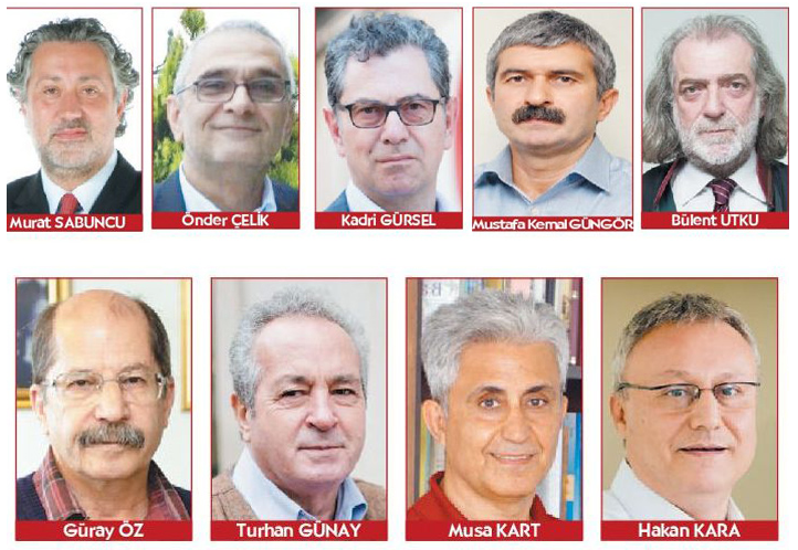 Negen van de Cumhuriyet-journalisten die werden opgepakt.