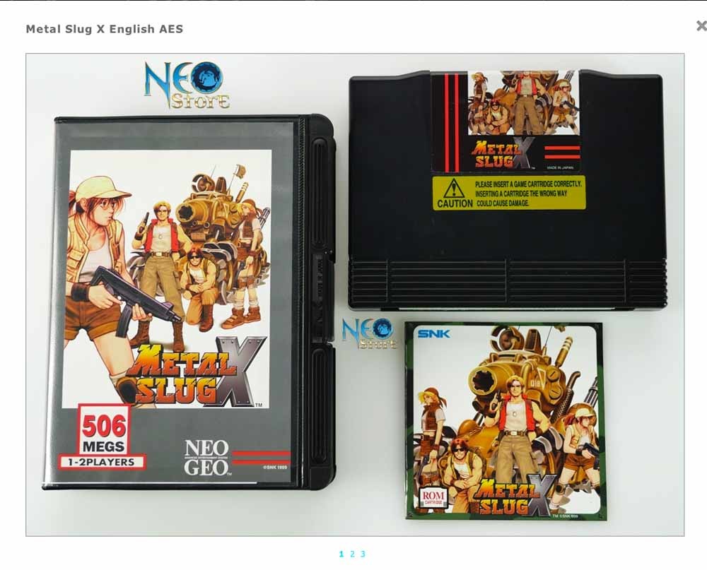 Drie waardevolle Neo Geo-games: v.l.n.r. Last Blade 2, Engels ($ 5250); Metal Slug X, Engels ($ 5950); Art of  ghting 3, Japans ($ 725). – © neo-geo.com