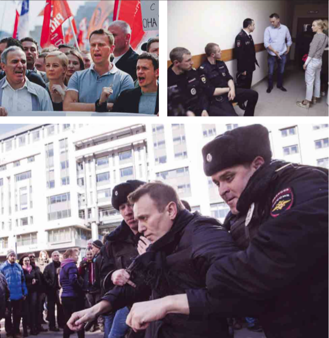 1. Met Garry Kasparov bij een demonstratie tegen Poetin; 2. met zijn vrouw Yasha voor een rechtszitting in Moskou n.a.v. de massademonstratie op 12 juni; 3. Bij een betoging in Moskou, waar hij wordt afgevoerd. – © Jeremy Nicholl, Pavel Golovkin / HH