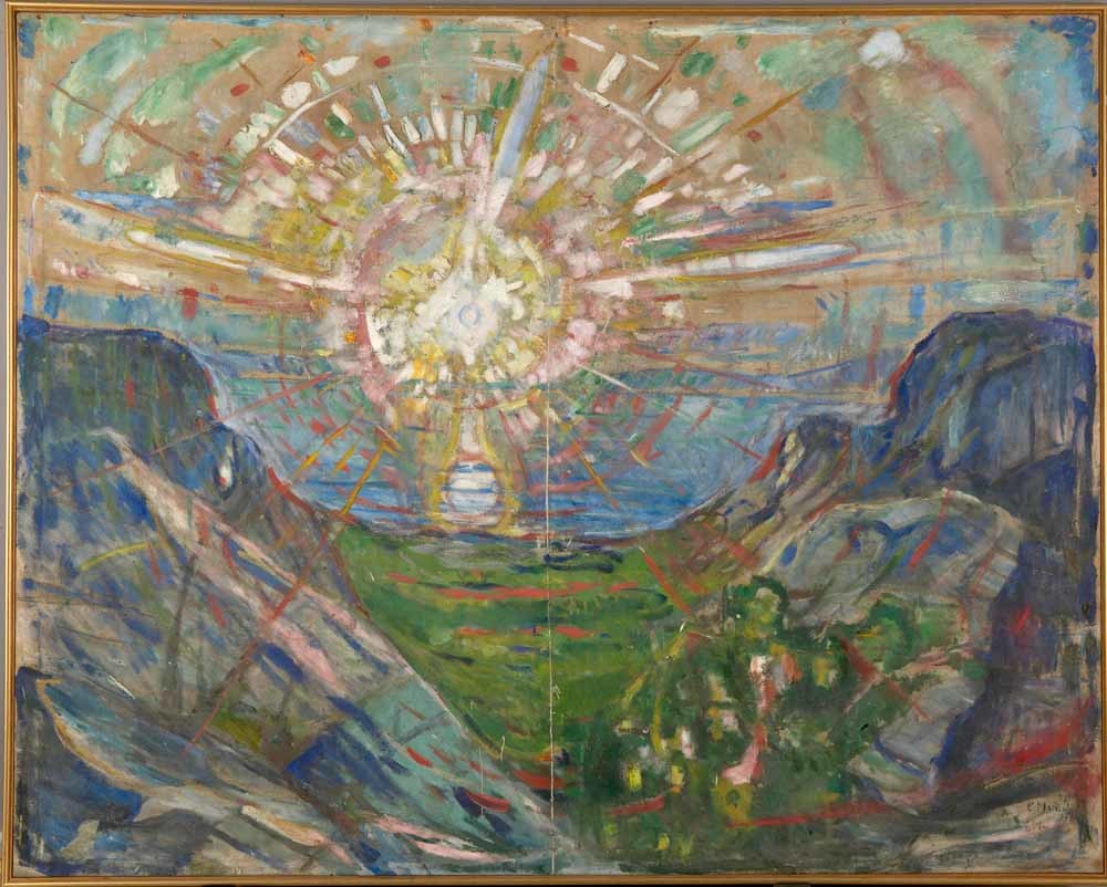 Appelboom bij de studio 1920-1928; Naar het bos I, 1897; Jaloezie, 1929/30; De Zon, 1910; Naakte man voorover leunend in het bos, 1919. – © Edvard Munch