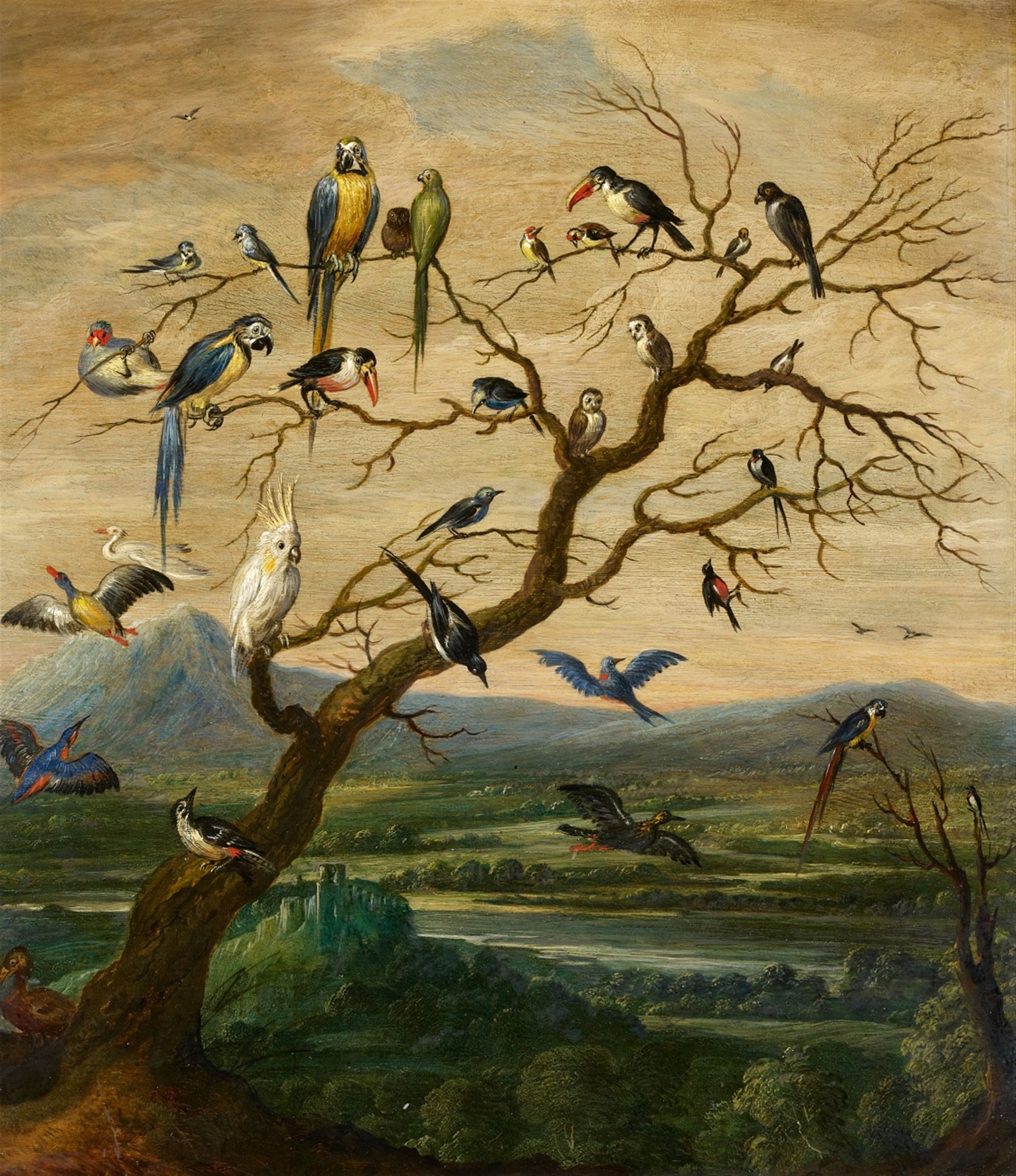Vlaamse School, 17e eeuw. ‘Vogels in een boom voor een landschap’.