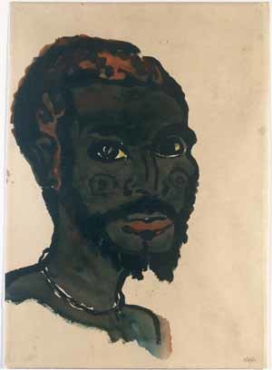 1. Nolde: Hoofd van een inlander van voren, 1913-14. – © Nolde Stiftung Seebüll; 2. Kamerun. – © Übersee-Museum Bremen; 3. Modersohn-Becker: Stillevens met appels en bananen, 1905; 4. © Ngozi Schommers, 2017. 