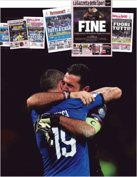 Gianluigi Buffon en Leonardo Bonucci omhelzen elkaar na de fatale play-off tegen Zweden in het San Siro-stadion in Milaan. – © Claudio Villa / Getty