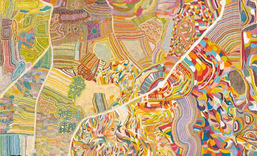 Twee kunstwerken met songlines als onderwerp. 1: Onder: Yarrkalpa. – © National Museum of AustraliaKungkarrangkalpa (Seven Sisters Dreaming); 2. © Judith Yinyika Chambers / National Museum of Australia. 