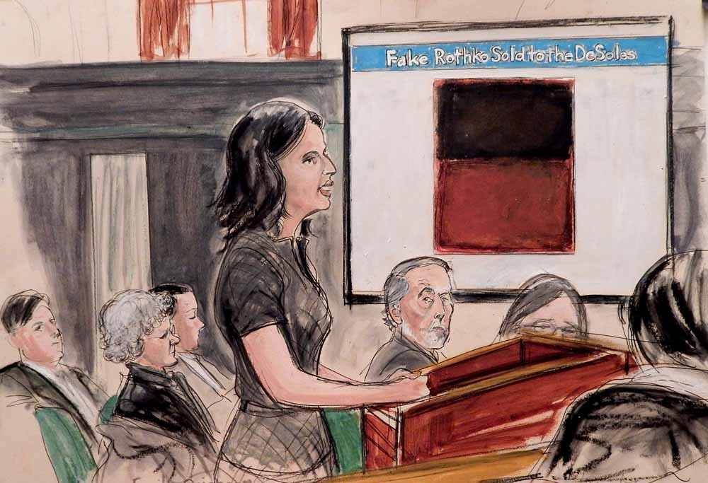 Rechtbanktekening van het proces tegen de Knoedler-gallerie in New York, die valse meesterwerken verkocht die bleken te zijn geschilderd door de Chinees Pei-Shen Qian. – © HH