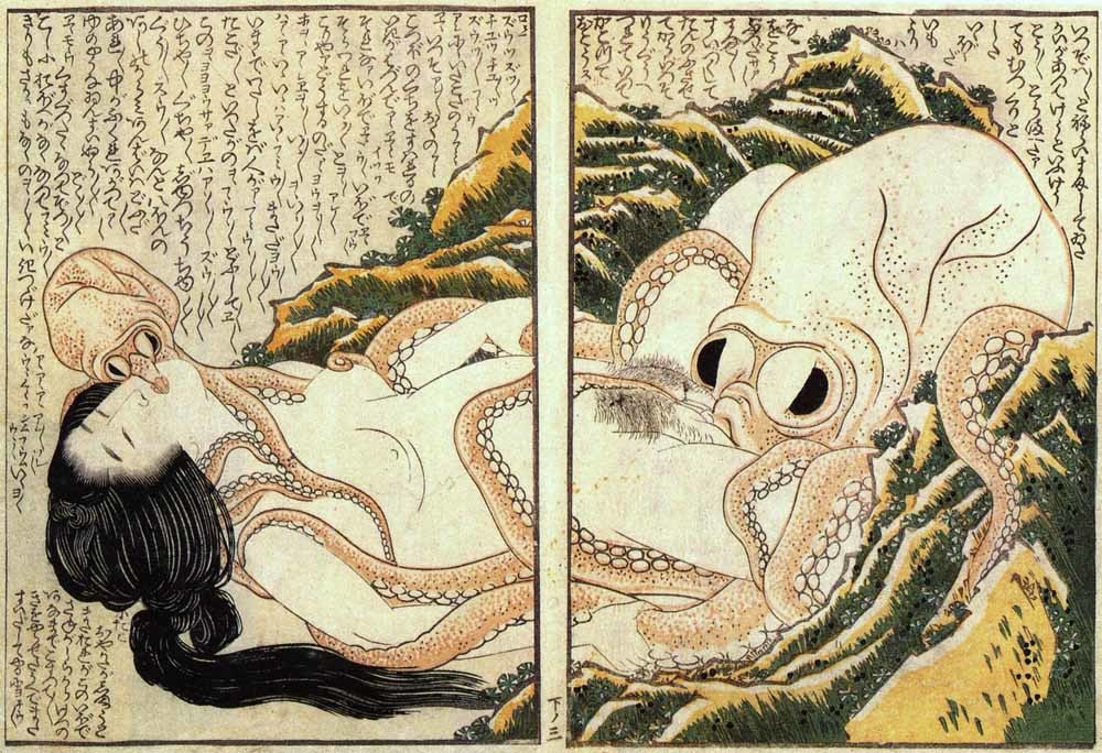 De droom van een vissersvrouw, erotische houtsnede van Katsushika Hokusai 1814. 