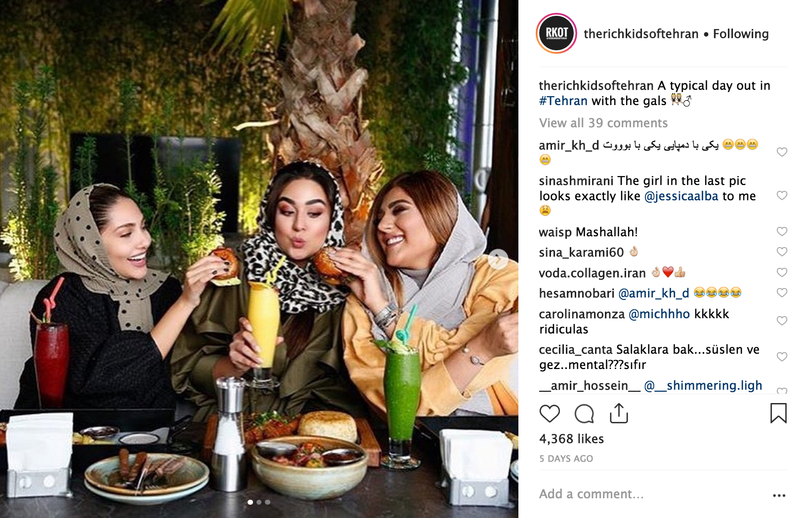Posts van de Instagram-pagina's Rich Kids of Teheran en Sasha Sobhani, zoon van een voormalige Iraanse ambassadeur.