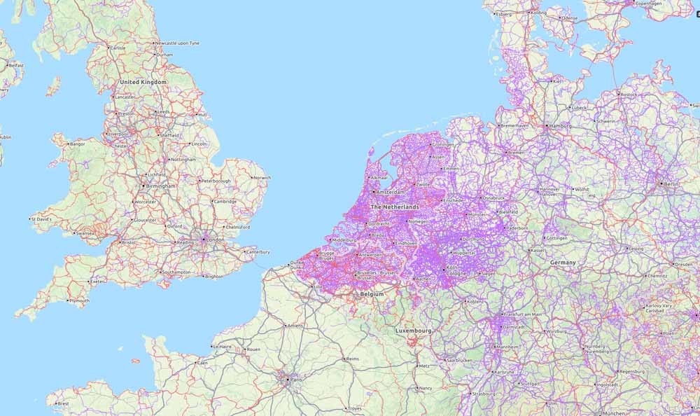 Fietspadendichtheid in Noord-Europese landen. – © Opencyclemap