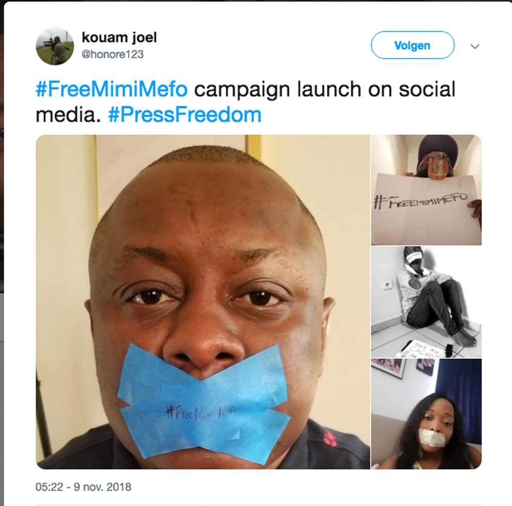 Beelden van de #freemimifo-campaigne op Twitter, naar aanleiding van de arrestatie van een Kameroense journalist die fake news zou hebben verspreid. 