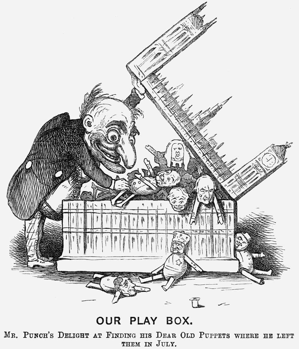 Een illustratie uit Punch, het Britse satirische weekblad dat in de 18e en 19e eeuw bekendstond om de maatschappijkritische cartoons. Deze cartoon stamt uit 1865, net na de zomerstop van het Britse parlement. Het opschrift luidt: ‘Our Play Box. Mr Punch