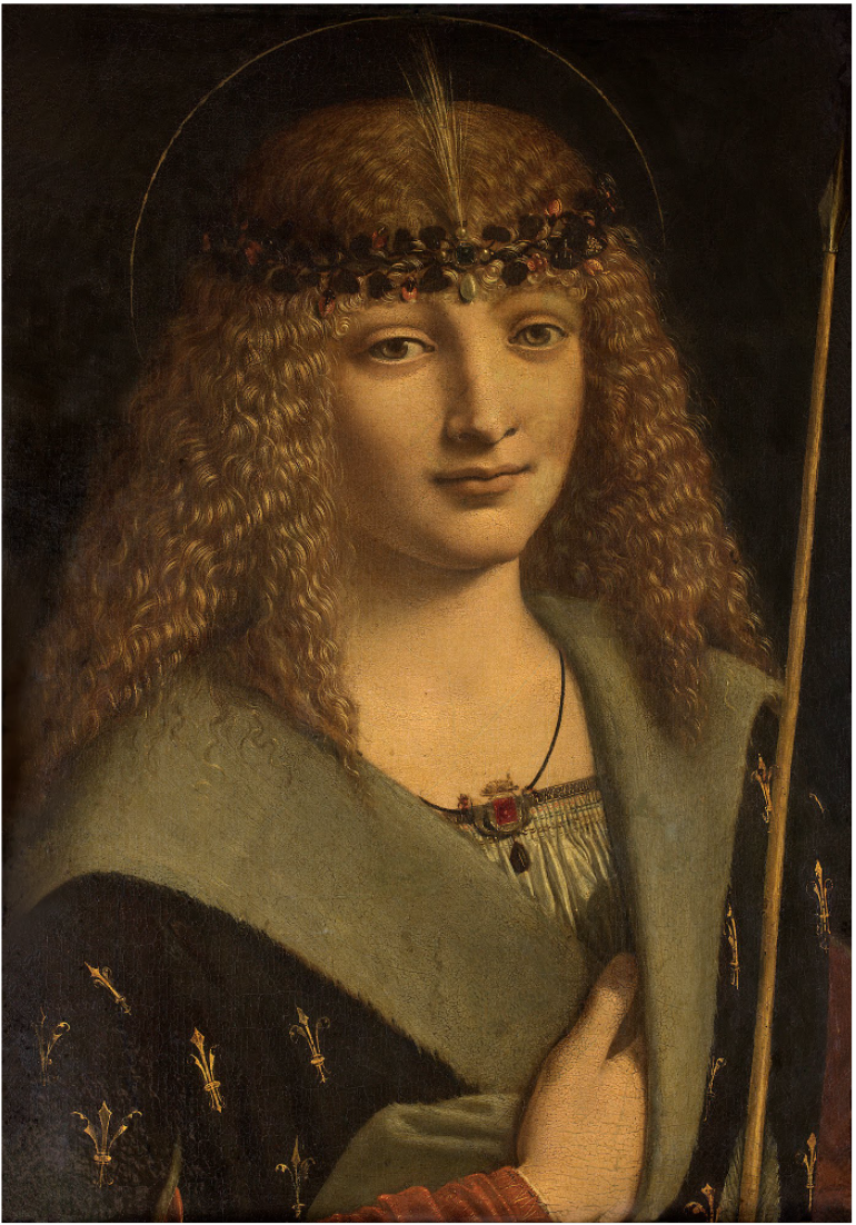 Dichter Girolamo Casio, uit Bologna, die een pijl tussen zijn vingers houdt, schuin voor zijn borst. Schilderij van Saint Giovanni Antonio Boltraffio.