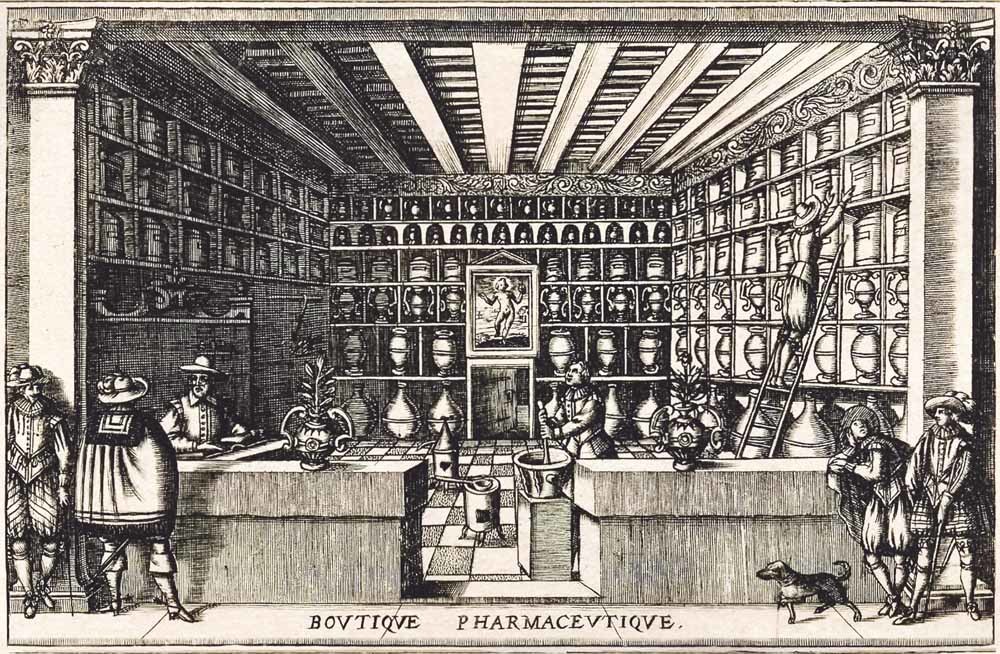 Een illustratie van een Franse apotheek uit de vroege zeventiende eeuw. – © Alamy