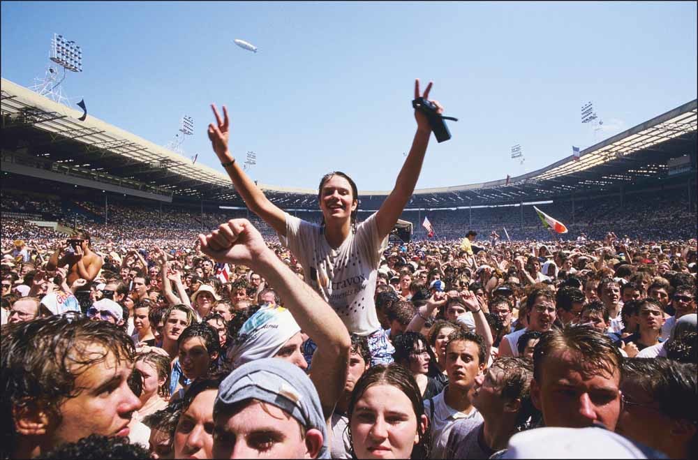 Het legendarische benefietconcert Live Aid, in 1985 in het Londense Wembley-stadion, waarmee 100 miljoen dollar werd opgehaald voor de bestrijding van de hongersnood in Ethiopië. – ©  Georges De Keerle / Getty