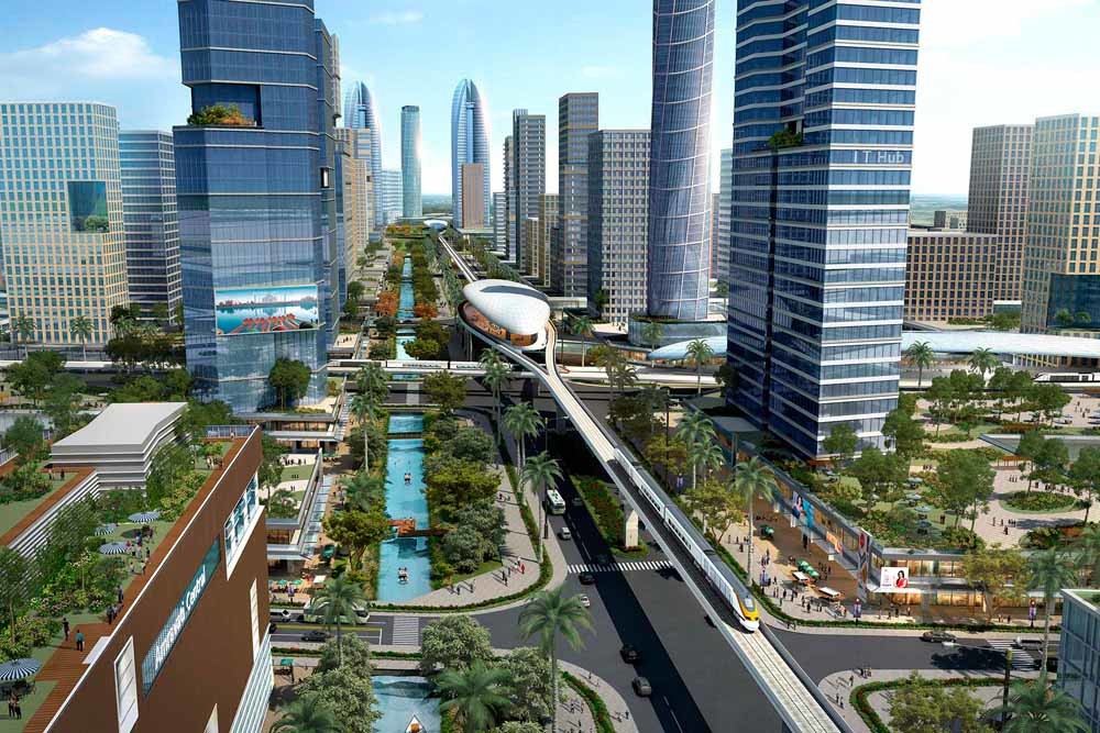 Het masterplan van de nieuwe stad Amaravati. 