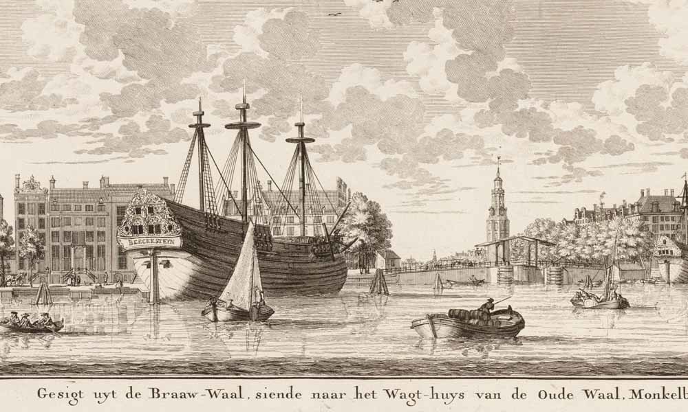De prent van Hendrik de Leth met het slavenschip Beeckestijn. – © Stadsarchief Amsterdam