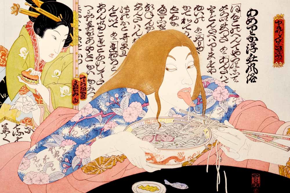 McDonald’s hamburgers vallen Japan binnen. Masami Teraoka, 1975.  © Catharine Clark Gallery, San Francisco 