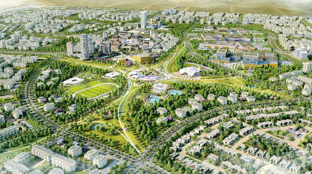 Een impressie van Badya City, een duurzame stad die zo’n dertig kilometer van Caïro moet verrijzen in de woestijn. – © AS + P Architects