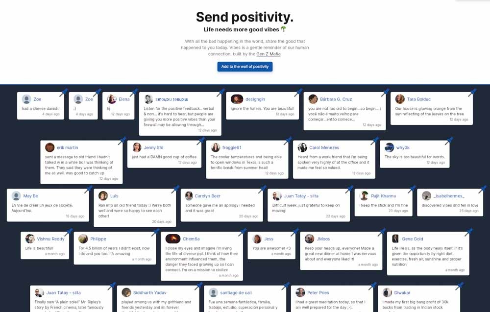 Screenshot van vibes.fyi, gebruikers kunnen op dit onlineprikbord positieve berichten achterlaten.