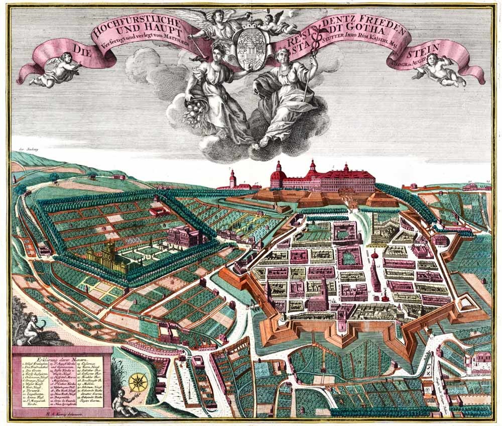 Slot Friedenstein met op de voorgrond vestingstad Gotha, kopergravure van Matthäus Seutter, 1738. – © Wikipedia