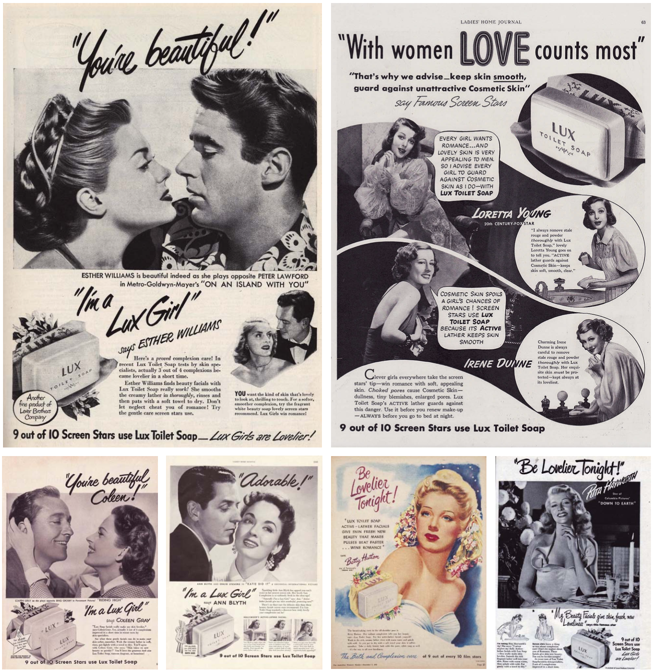 Zeepadvertenties uit de jaren 50 waarin actrices en beroemdheden laten zien hoe Lux voor een stralende, fluweelzachte huid zorgt. - © Vintage ads en Unsplash