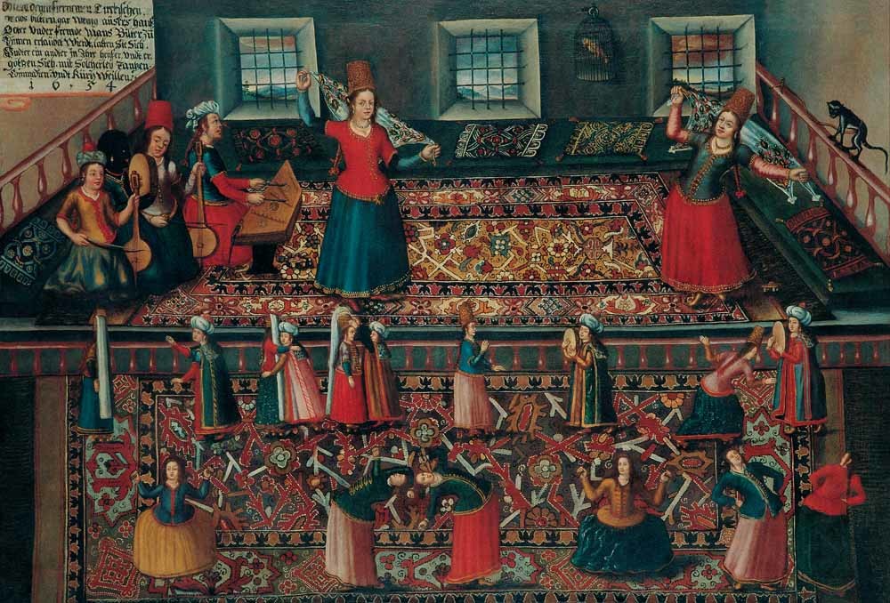 Scène uit een Turkse harem, schilderij van Franz Hermann, Hans Gemminger, Valentin Mueller (olieverf op doek, tweede helft zeventiende eeuw). – © Google Art Project