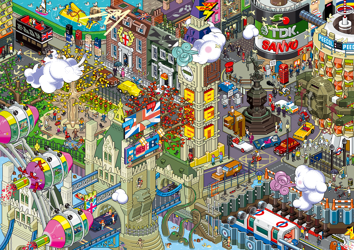 Het centrum van Londen, opgebouwd uit digitale blokjes.