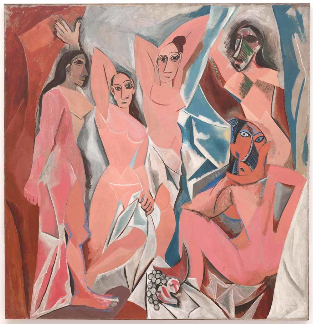 Les Demoiselles d’Avignon (1907) van Picasso, geïnspireerd door Afrikaanse maskers, en Een traditioneel Punu-masker uit Gabon.