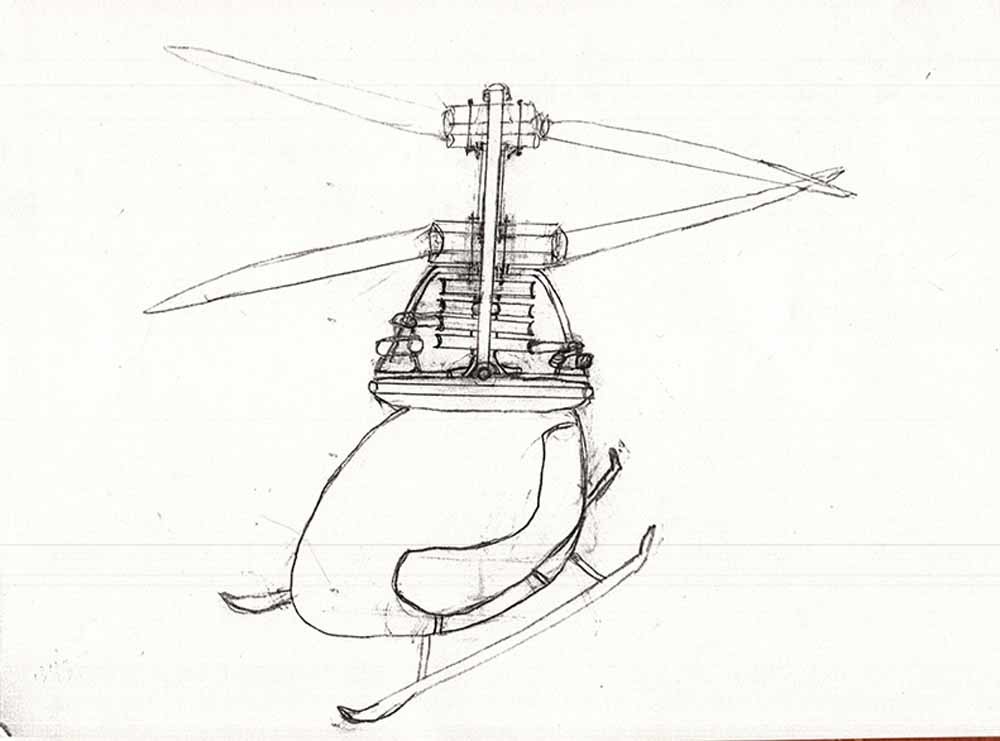 Schets van de helikopter van Zhang Dousan.