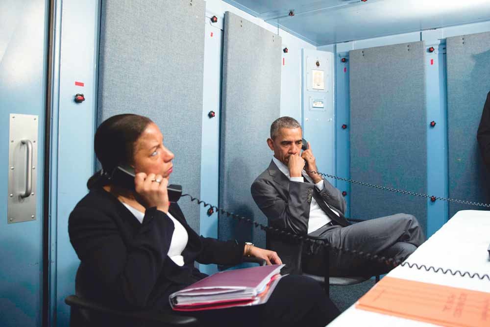 Obama met Nationaal Veiligheidsadviseur Susan E. Rice tijdens een terrorisme-update.