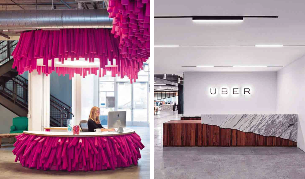 De hoofdkantoren van de techbedrijven Lyft (links) en Uber in San Francisco.